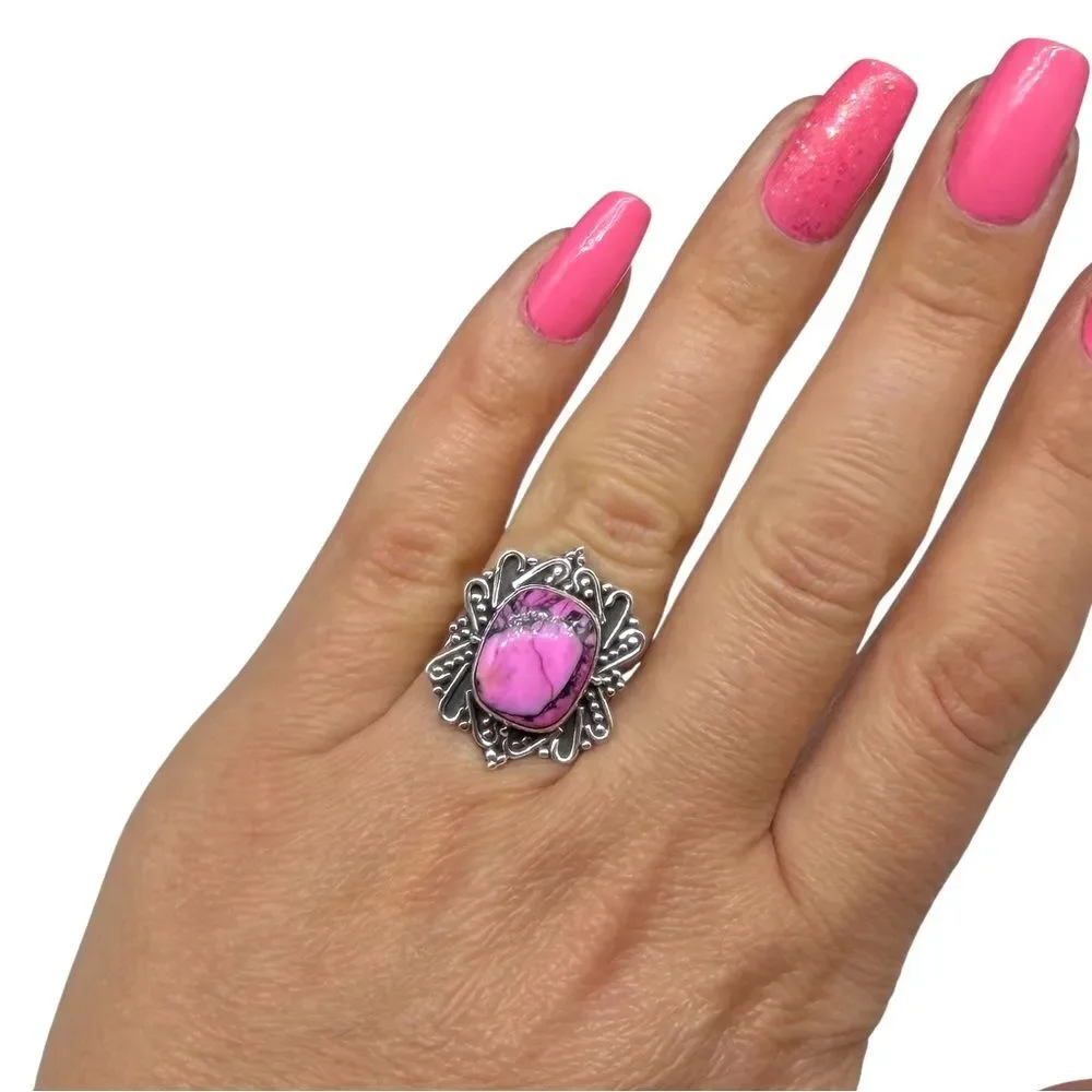 Kingman Cherry Blossom Turquoise Ring Solid 925 Sterling Silver Size 6